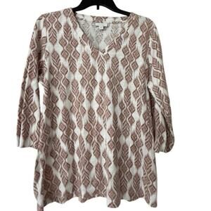 J Jill Pure Jill 100% Cotton V Neck 3/4 Sleeve Diamond Print Top Size Large